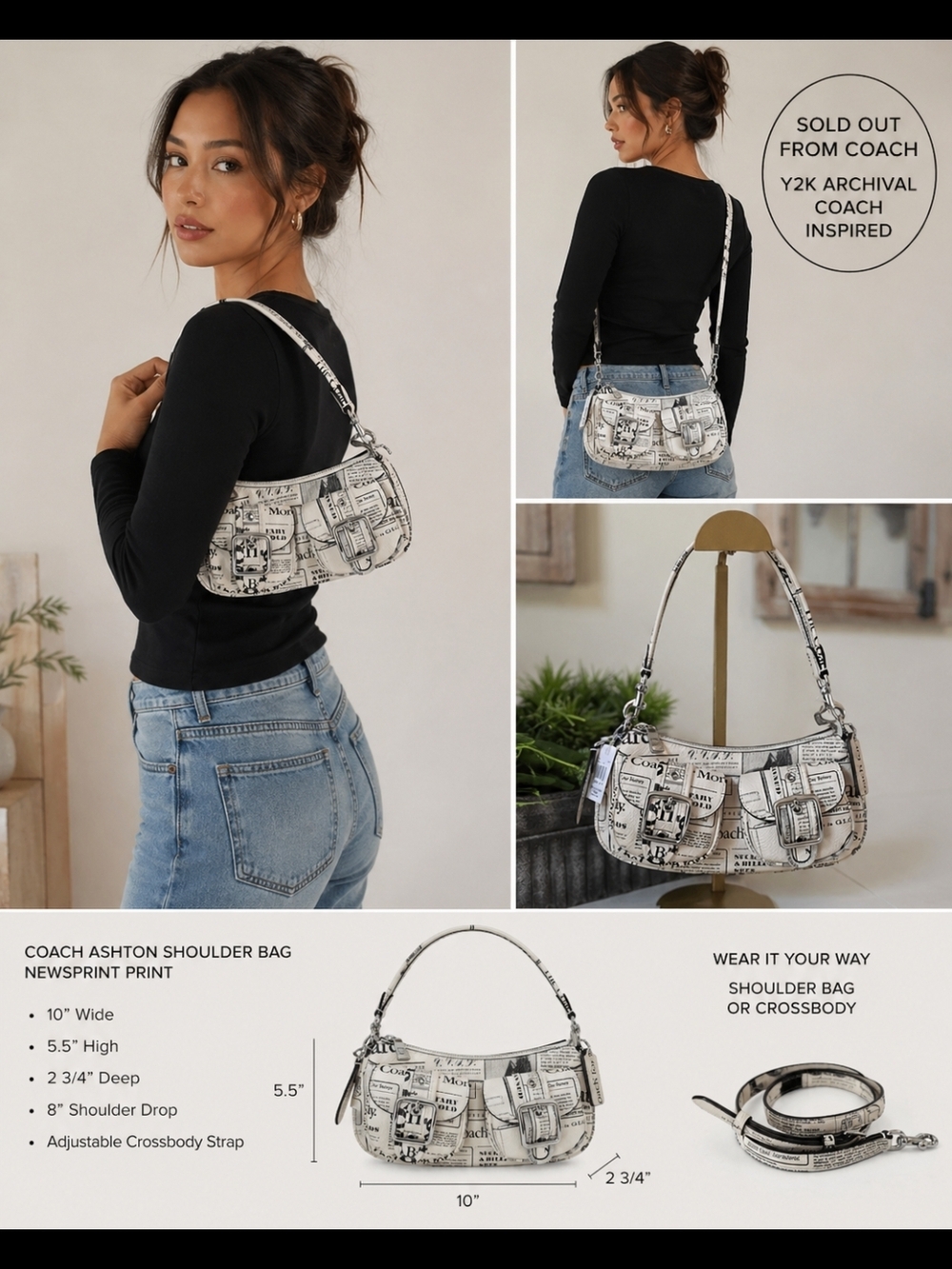 Coach Ashton Shoulder Bag Newsprint NWT Crossbody White Black Leather - Picture 13 of 13